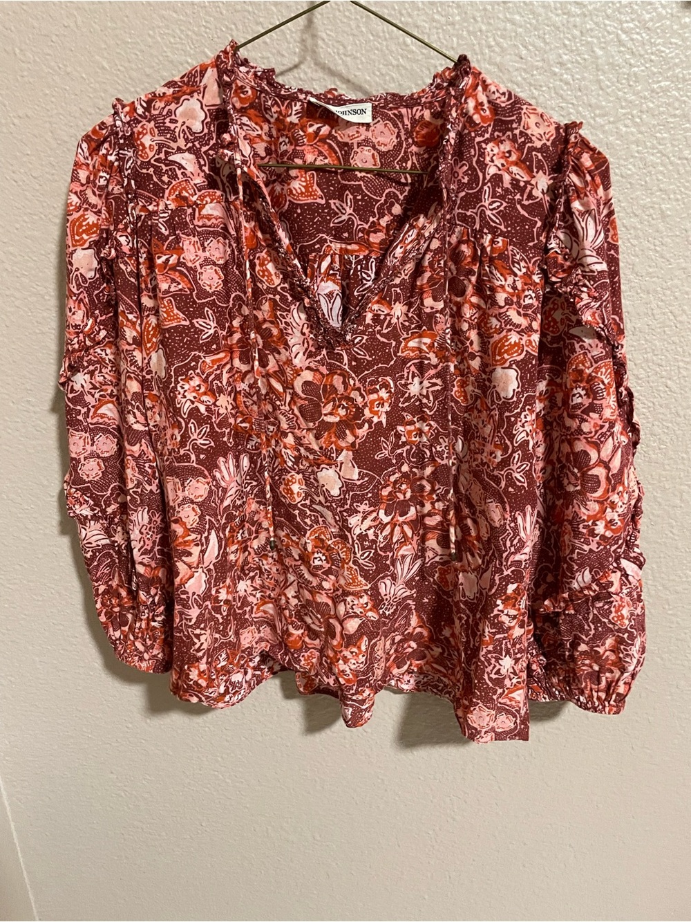 Ulla Johnson Printed V-Neck Long Sleeve Blouse in Rust